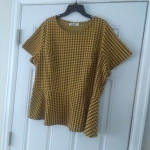 CATO Peplum Hounds Tooth Mustard & Black Women Plus SZ Top 26/28W